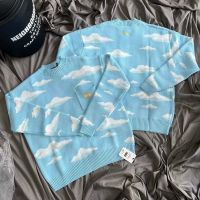 [High Quality] Japan American retro preppy sweater KITH joint name Simpson round neck pocket blue sky white cloud sweater