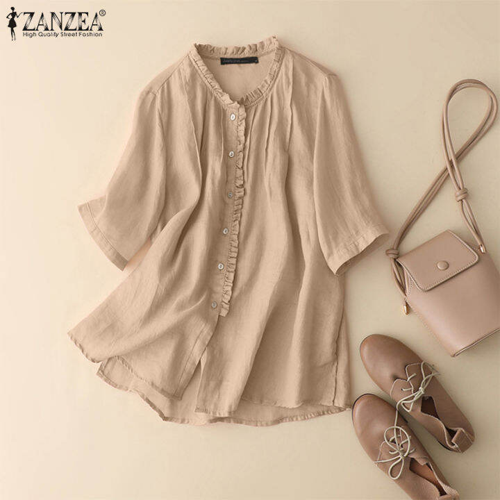 สินค้ามาใหม่-จัดส่งฟรี-fancystyle-zanzea-เสื้อเชิ้ตแต่งระบายแบบเรียบง่ายของผู้หญิงเสื้อมีกระดุมทรงหลวมผ้าคอตตอนเสื้อเบลาซ์สีพื้น-2