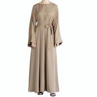 ผู้หญิงตุรกีอาหรับมุสลิม Eid Abaya ดูไบ Maxi ชุด Flare แขนยาวสีทึบอิสลาม Kaftan Hijab Tie เอว Robe