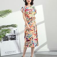 Fold print dress new spring 2022 fashion cultivate ones morality show thin with long pleated skirt with short sleeves