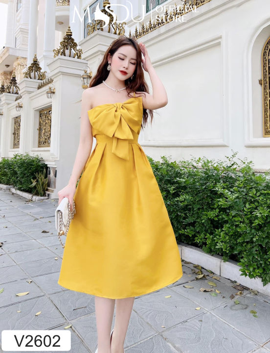 Váy xòe họa tiết hoa ruy băng tông màu vàng chanh V440  Phong cách thời  trang The dress Mẫu váy áo
