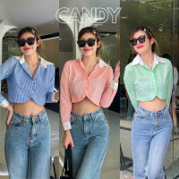 ?GoodLucky?(Candy) เสื้อเชิ้ตลายแถบแขนยาวปกขาว มีกระดุมน่ารักสุด