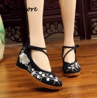 Comemore Chinese Embroidered Flowers Shoes Wedge Heels Women High Top Hidden Heel Platform Ankle Strap Ladies Casual Canvas Shoe