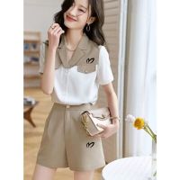 2023 New Summer GOLF Fashion Patchwork V-neck Short Sleeve Blouse Ladies Simplicity Buttons Two-piece Suit Women Clothing Casual