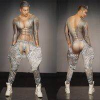 ❃ Bar Nightclub Pole Costume 3D Tattoo Print Jumpsuit Elastic Skinny Bodysuit Tights Muscle Man DJ Leotard Dance Wear