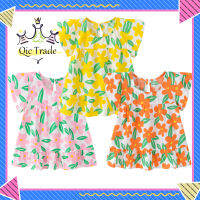 【Fast Delivery?】Cute Flower Printing Dress Summer Short Sleeves Round Neck Princess A-line Skirt For 1-4 Years Old Girls