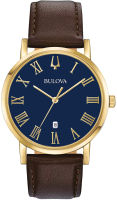 Bulova Mens American Clipper Leather Strap Watch Gold Tone/Brown Leather Strap American Clipper