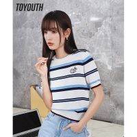 Toyouth Women Knitwear 2023 Summer Short Sleeve O Neck Slim Stretch T-shirt Blue White Stripe Cool Fabric Casual Chic Tops
