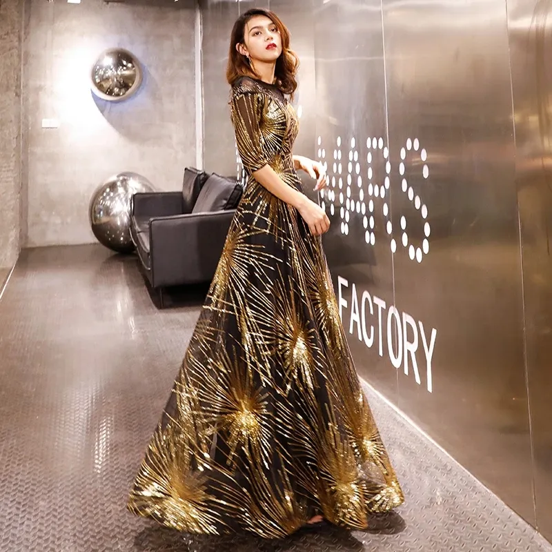 Eaglely Luxury Banquet Formal Events Evening Dress Women Elegant 2023  Dinner Party Black Gold Glitz And Glam O-Neck Ball Gowns For Debut For Js  Prom Ninang Wedding Sponsors Outfit | Lazada Ph