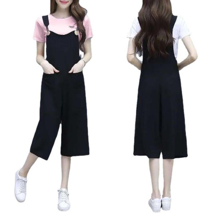 จั๊มสูทผู้หญิงสไตล์เกาหลี-กางเกงสายเอี๊ยมขนาดใหญ่พิเศษขายาวแฟชั่นสำหรับผู้หญิงชุดเอี๊ยมลำลองแขนสั้น