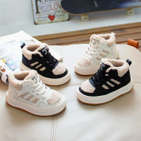 Girls sneakers for fallwinter 2021 new childrens fur shoes, boys soft bottom and velvet high-top shoes, baby cotton shoes