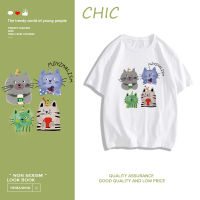 CHIC ผ้าฝ้ายแท้ การ์ตูนลูกแมวพิมพ์เสื้อยืดแขนสั้นสบาย ๆ T0370