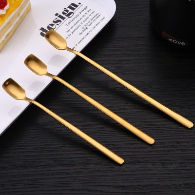 Stainless Steel Tableware Golden Coffee Spoon Drink Stirrer Mixing Spoon Creative Square Head Long Handle Mug Ice Spoon