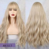 Blonde Unicorn Long Mix Purple Womens Wigs with Bangs Water Wave Heat Resistant Synthetic Wigs for Women African American Gift ของขวัญ