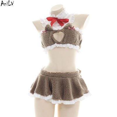 AniLV Autumn Girl Cute Furry Cat Pajamas Sleepwear Costume Winter Bear Women Cheat Love Hollow Lingerie Set Uniform Cosplay