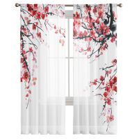 【CW】 Branch Flowering Watercolor Painting Tulle Curtains for Room Bedroom Sheer Voile Curtain