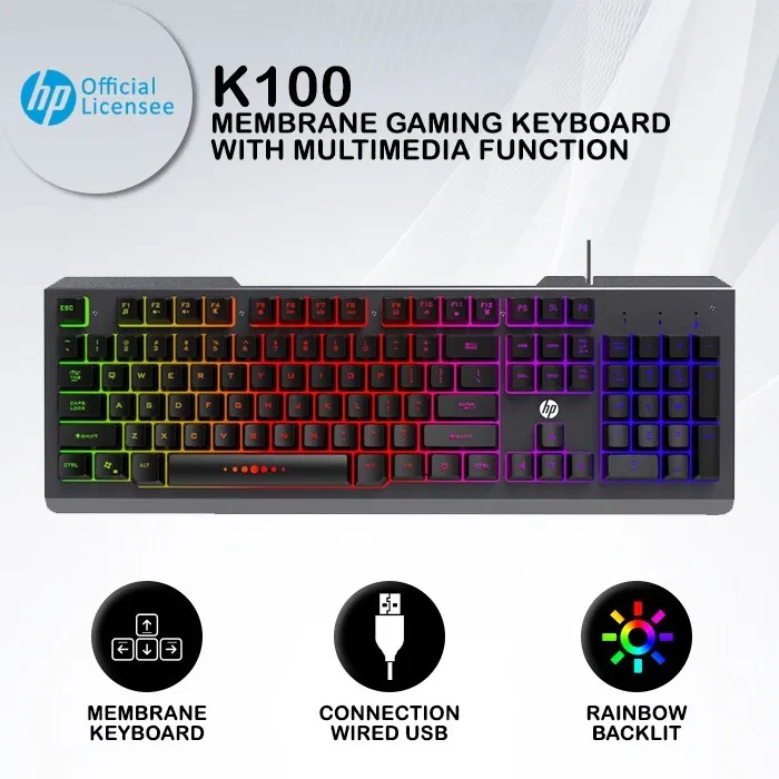 Keyboard Gaming HP K100 RGB Membrane Keyboard & Multimedia Function