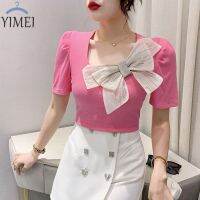 YIMEI เสื้อยืดคอกลมทรงสี่เหลี่ยมผูกโบว์สำหรับผู้หญิง,2023สีทึบใหม่สำหรับฤดูร้อนเสื้อยืดสำหรับผู้หญิงสวยเสื้อที่น่าดึงดูดสีตัดกันใส่ได้พอดีกับต่างประเทศ