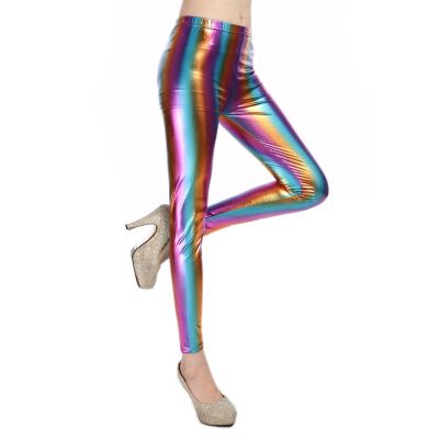 【VV】 Leggings Imitation Leather Dancing Metallic Color Costume Pants Tight Trousers
