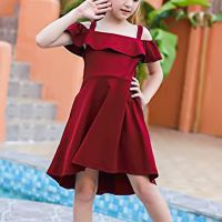 Girls Wedding Princess Party Dress Teen Clothing Cold Shoulder Flounce Trim Elegant Casual Formal Dress for 4 14T Kids Clothes