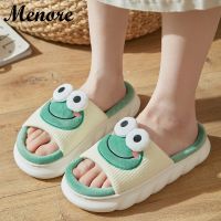 Cartoon Cute Frog Linen Slippers For Men Thick Bottom Home Shoes Cotton Linen Couple Indoor Slippers Funny Male Home Slides