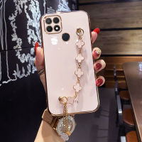 Maitus เคส A15 A15s OPPO มีสร้อยข้อมือโคลเวอร์สี่แฉกกรอบสี่เหลี่ยมเคลือบ6D เคสมือถือมันวาวกรอบด้านหลังเป็นป้องกันซิลิโคน