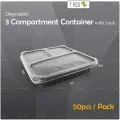 50pcs Disposable 3 Compartment Container With Lock / Plastic Bento / Plastic Lunch Box / Plastic Food Bento Box - Black. 
