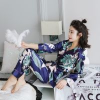 ชุดนอนพิมพ์ลายผ้าชีฟองซาตินสำหรับผู้หญิง,ชุดนอนฉบับภาษาเกาหลีผ้าซาตินชุดนอนแขนยาวปกขนาดพิเศษ3XL 2021ใหม่พร้อมเข็มขัด