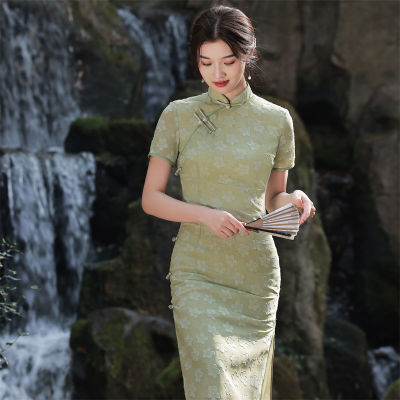 2022ชีฟองปรับปรุง Cheongsam Young High-End อารมณ์กลางความยาวสาวสีเขียว Fairy Dress