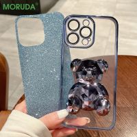 {Haojia เคสโทรศัพท์} 3D หมีน่ารักเคสกากเพชรสำหรับ iPhone พับเป็นขาตั้ง14 13 12 11 Pro Max X XR Xs 7 8 Plus ฝาแข็งกันกระแทกแบบใสเพรียวบาง