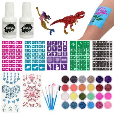 【YF】 Glitter Colors Tattoo Kit With Stencil Glue Brush Makeup Body Art Design For Kids Painting Powder Halloween