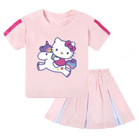 Girls Set For Kids Cartoon Hello KT Kitty Cat Unicorn Printed Cool Soft Cotton T-shirt Tees Shirt + Pleat Skirt Girl Sets High Quality ngh