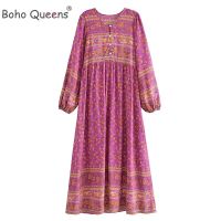 Boho Queens แขนยาวผ้าพิมพ์ลายดอกไม้สำหรับชายหาดชุด Maxi โบฮีเมียนผู้หญิงผ้าฝ้ายเรยอน Happie เสื้อคลุม Vestidos Loubens.