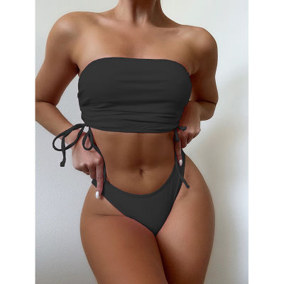 In-X Bandeau bikini 2021 High cut womens swimsuit Drawstring swimwear female Solid 2 pieces set Off-shoulder bathing suit sexy