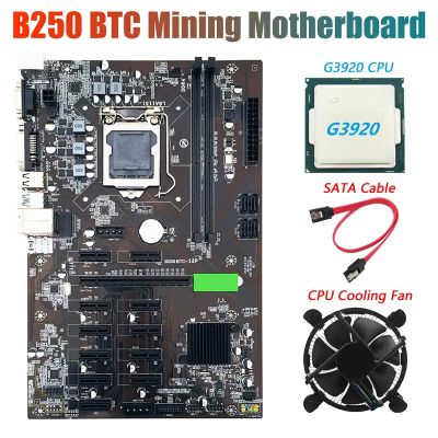 B250 BTC Miner Motherboard with G3920 CPU+Fan+SATA Cable 12XGraphics Card Slot LGA 1151 DDR4 USB3.0 for BTC Mining