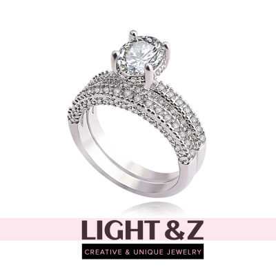 LIGHT &amp; Z (1คู่) แหวนเพทายวงกลมคู่เต็มชุดเพชรแหวนหางแหวนหมั้นแหวนกุหลาบทอง