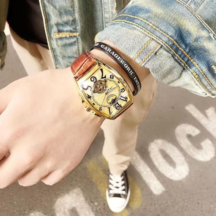 นาฬิกากลไกอัตโนมัติหรูหราสำหรับผู้ชายนาฬิกาข้อมือนาฬิกาตูร์บิยองโครงกระดูกนาฬิกาข้อมือ-tonneau-นาฬิกาข้อมือแบบเท่เรืองแสง