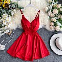 ✁✿▧ Women A-line Sexy Dress V-Neck Spaghetti Strap Backless Mini Dresses Soild Color Vestidos Slim Trend 2020 High Waist For Party