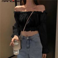 COD DSFERTRETRE Korean version of puff sleeves high waist slimmer neckline off-the-shoulder long-sleeved top long-sleeved t-shirt womens clothing chiffon top