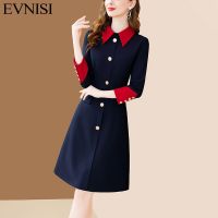 Evnisi-Vestido De Malha Com Gola Pan Feminino Elegante Bodycon Vestido A Manga Comprida Azul Primera Escritório