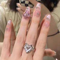 [HANDMADE]Artificial Nail Pink Heart Diamond Phototpy Nails Reusable and Removable Nails