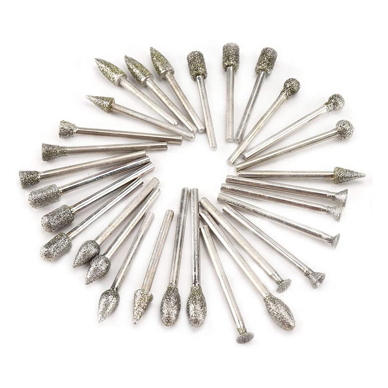 10 Pcs Various Sizes Diamond Mounted Grinding Head Burrs Stone Carving Bits for Rotary Tools with 3/32 Shank D Type Spiked Shape 
