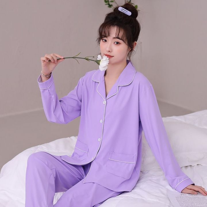 muji-high-quality-pajamas-womens-spring-and-autumn-pure-color-long-sleeved-trousers-combed-cotton-green-middle-aged-ladies-high-end-home-clothes-set-can-be-worn-outside