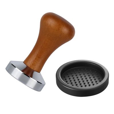Espresso Coffee Tamper with Tamper Mat, Aluminum Flat Base,Wooden Handle for Espresso Machines Accessory