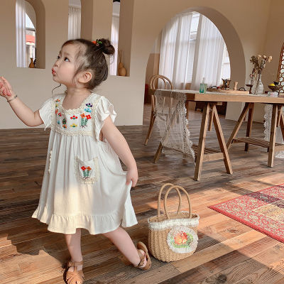 Girls Flower Embroidered Dress Summer Retro Flying Sleeve Princess Dresses 3-7 Years Children Casual Clothes Fashion vestidos