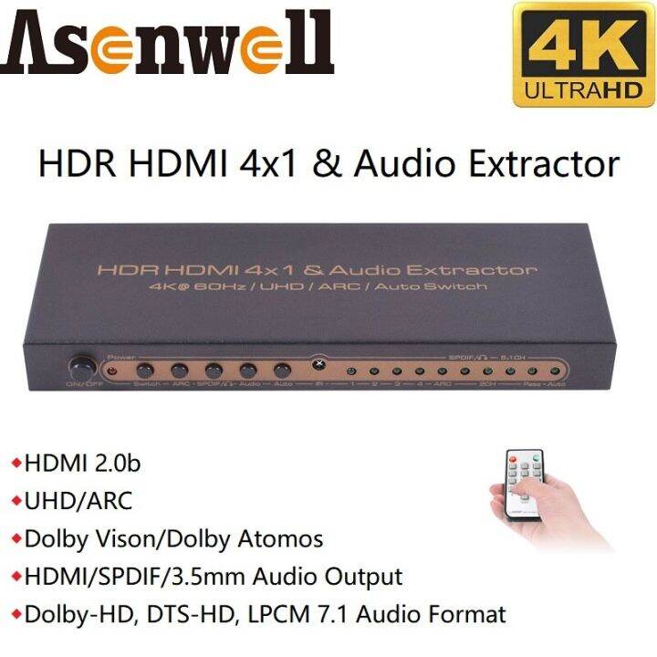 สวิตช์-hdmi-4x1-4k-x-2k-60hz-spdif-toslink-5-1-hdmi-เอาต์พุตเสียง7-1-hdr-uhd-arc-4-in-1เอาท์พุทตัวแยกออดิโอ-hdmi