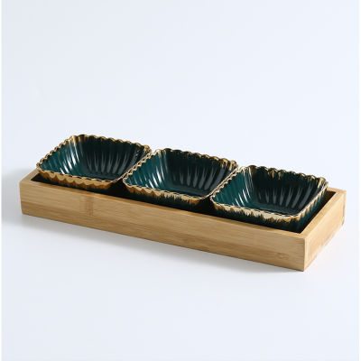 Multi Grid Storage Tray Green Gold Rim Ceramic Dish Dessert Candy Fruit Nut Platter Tea Plate Home Desktop Trays Decorative