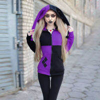 Harlequin Clown Jester Costume Scary Hooded Coat Hoodie Lady Girls Halloween Cosplay Outfit Sweatshirt For Adult Women Black