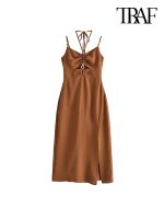 【YF】 TRAF Women Fashion With Tied Hollow Out Front Slit Midi Dress Vintage Backless Zipper Thin Straps Female Dresses Vestidos