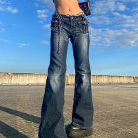 【CW】Fashion Hot Women Denim Jeans Grunge Vintage Low Waisted Pockets Skinny Flare Pants 2000s Cargo Pants Womens Trousers Y2k